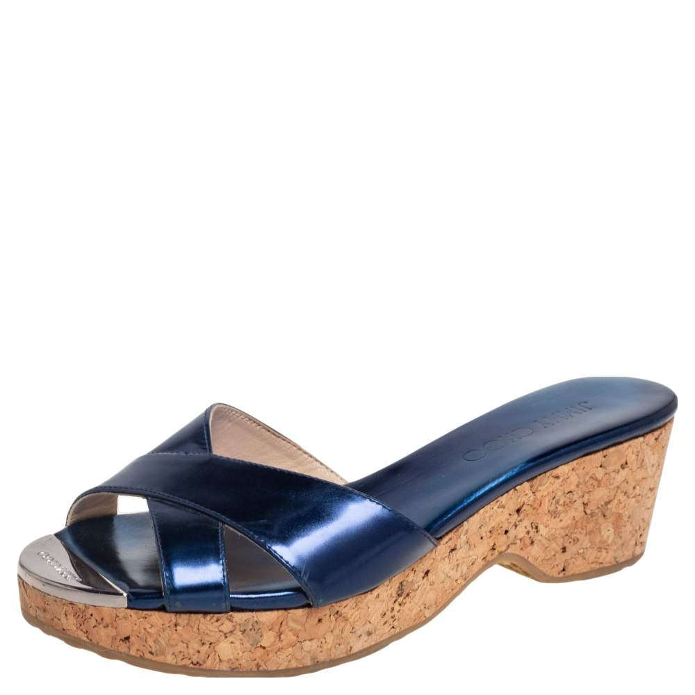 مملوكة مسبقًا Jimmy Choo Navy Blue Metallic Leather Panna Cork Wedge Sandals Size 35.5