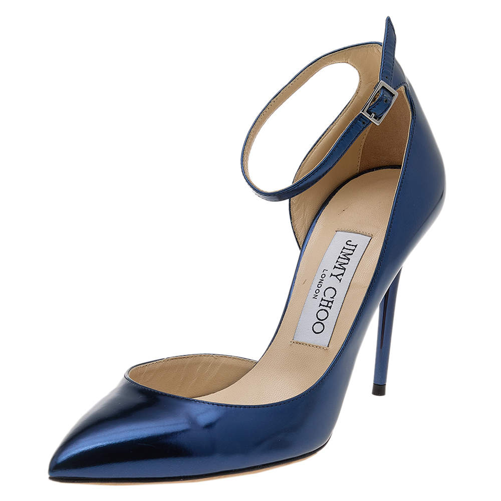 Pre Owned Jimmy Choo Navy Blue Leather Lucy Ankle Strap Pointed Toe D'orsay Pumps Size 36.5