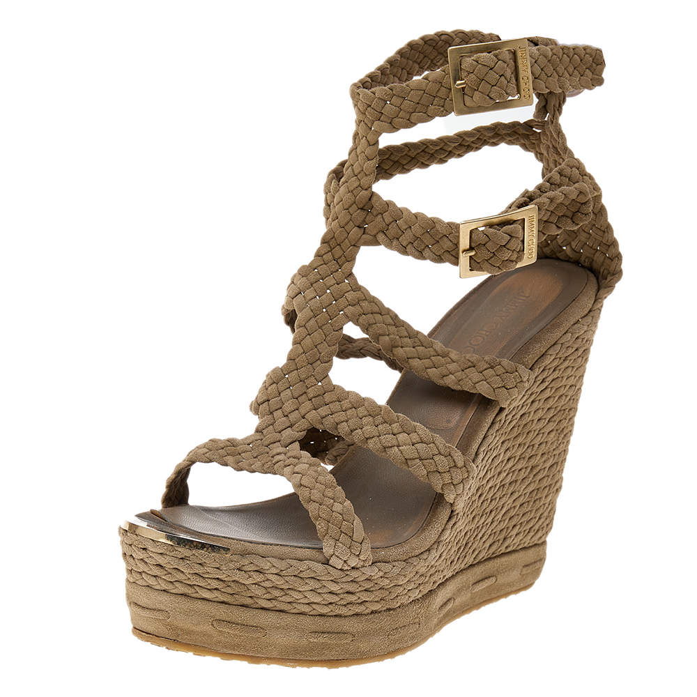 Pre Owned Jimmy Choo Beige Suede Ankle Strap Espadrille Wedge Sandals Size 40
