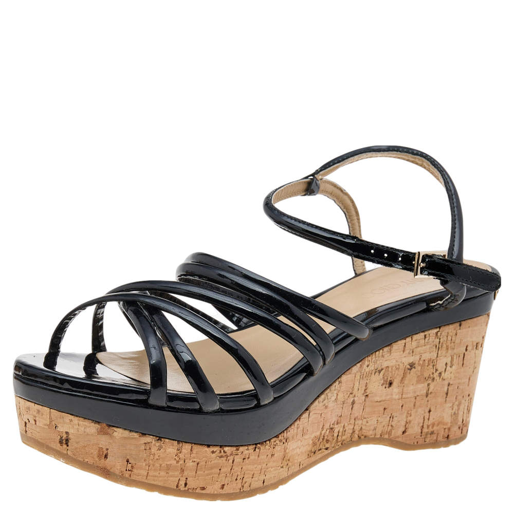 Pre Owned Jimmy Choo Black Patent Leather Cork Wedge Strappy Platform Sandals Size 38.5