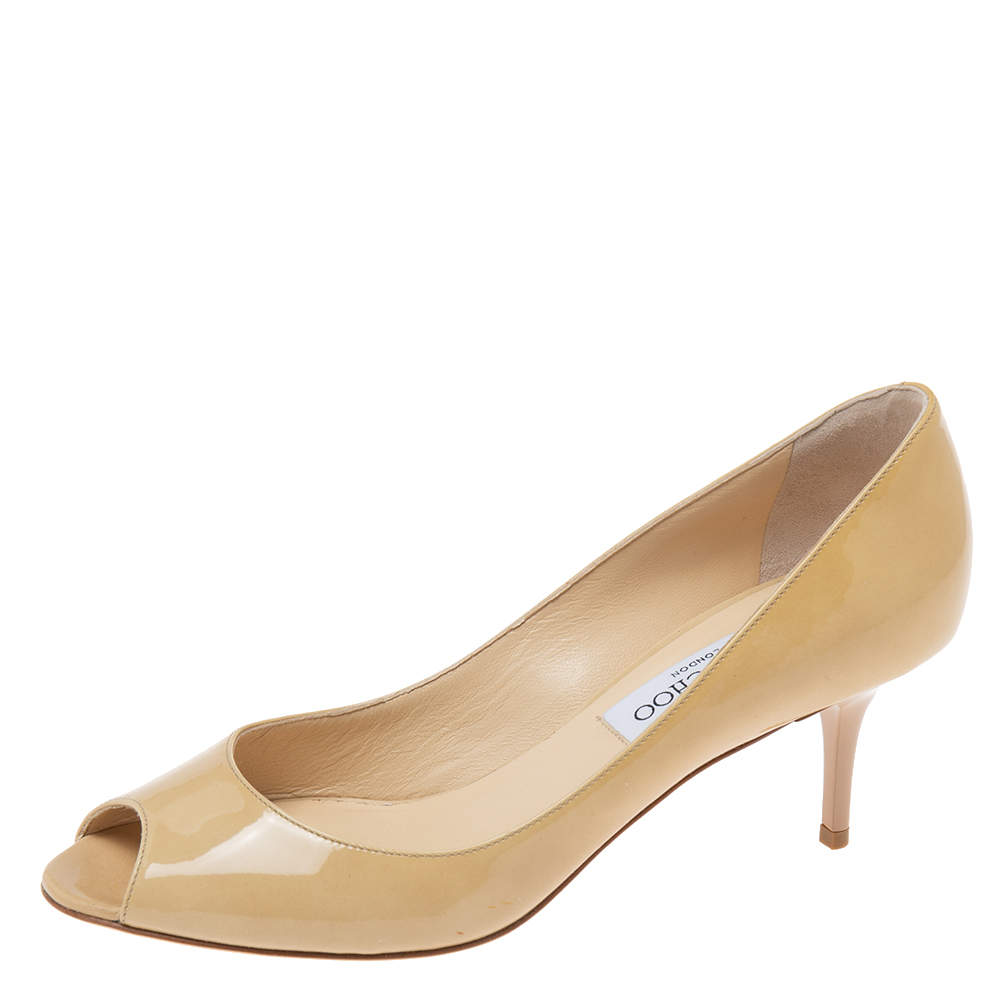 Pre Owned حذاء كعب عالي جيمي تشو مقدمة مفتوحة إيزابيل جلد لامع أصفر شامبين مقاس 37.5