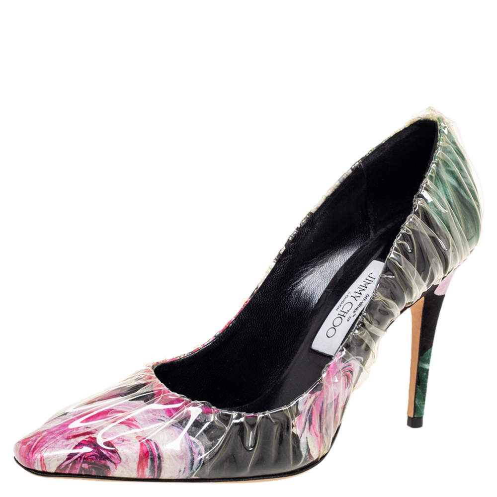 Jimmy Choo Multicolor PVC And Satin  Floral Jacquard Pumps Size 39
