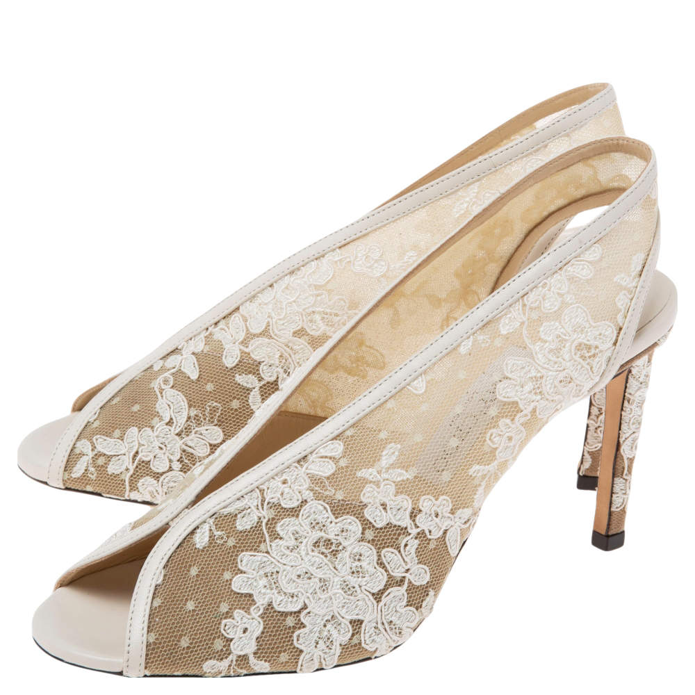 Pre Owned Jimmy Choo White Lace and Leather  Shar Slingback Sandals Size 39