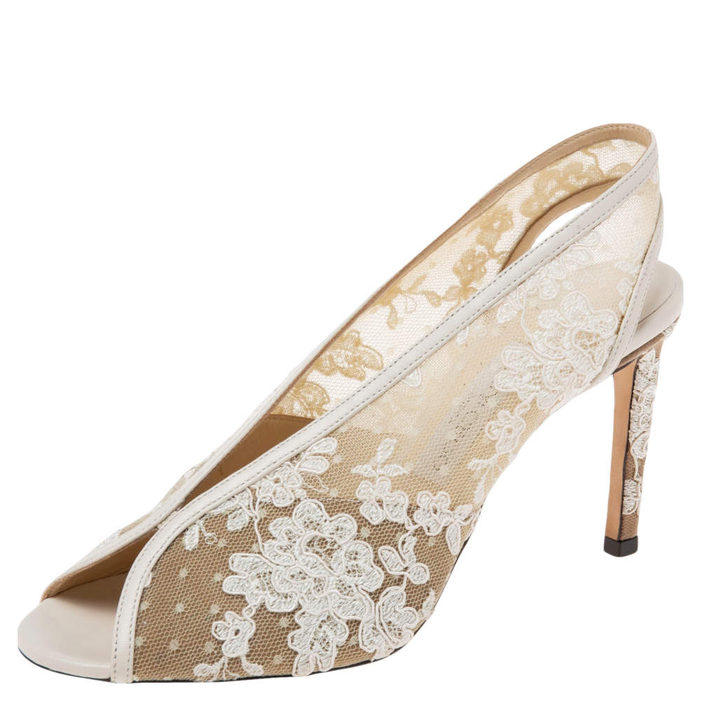 Pre Owned Jimmy Choo White Lace and Leather  Shar Slingback Sandals Size 39