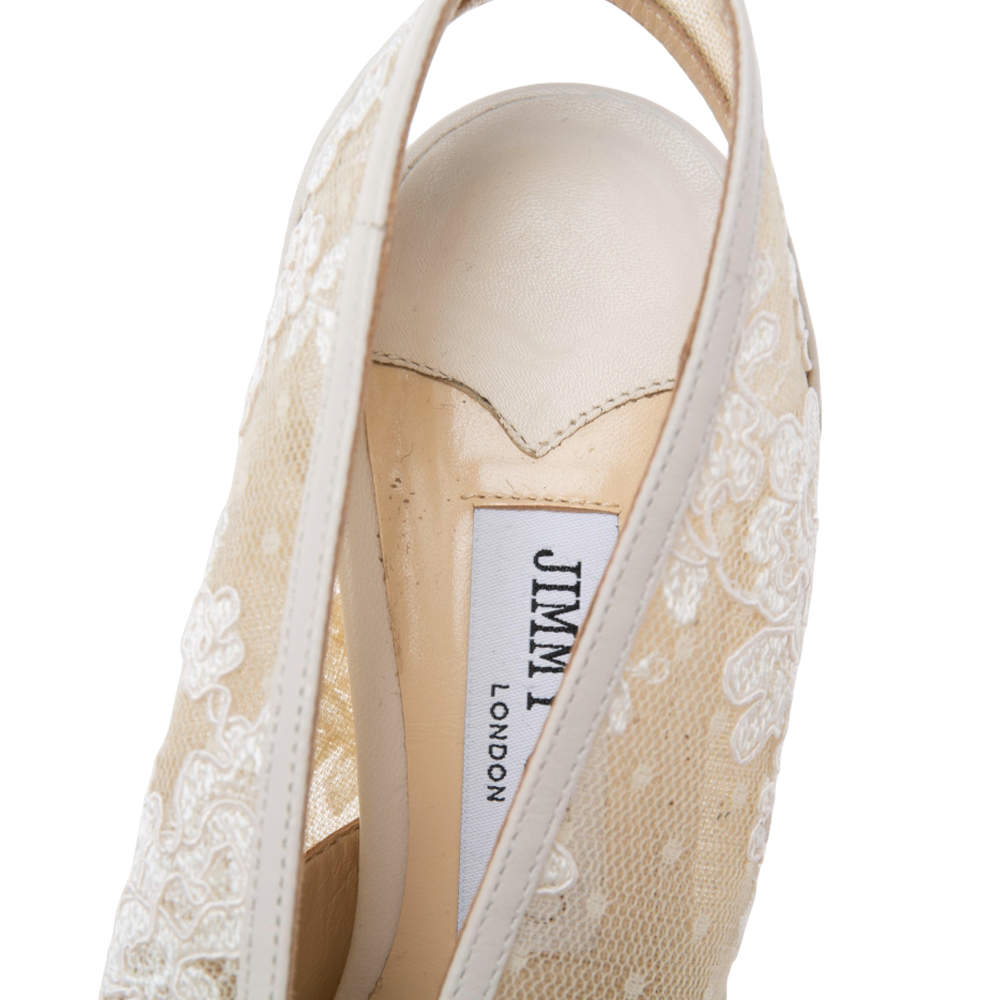 Pre Owned Jimmy Choo White Lace and Leather  Shar Slingback Sandals Size 39