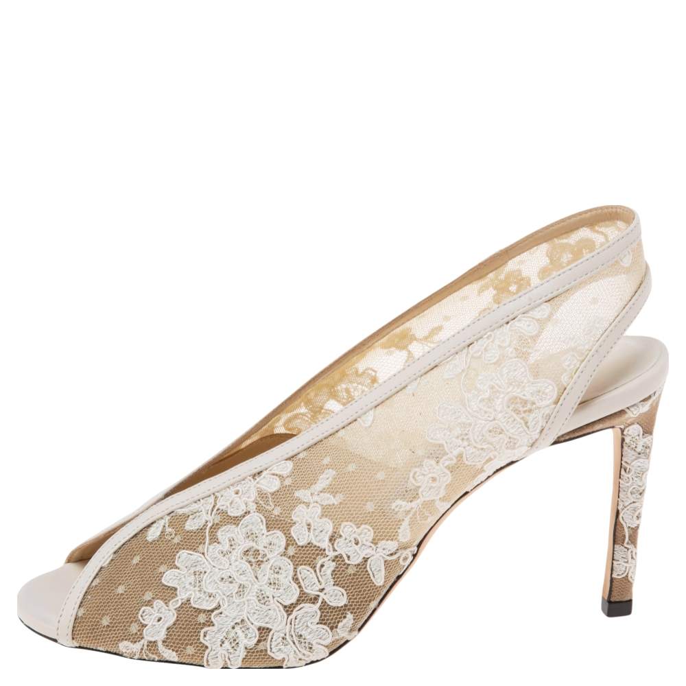 Pre Owned Jimmy Choo White Lace and Leather  Shar Slingback Sandals Size 39