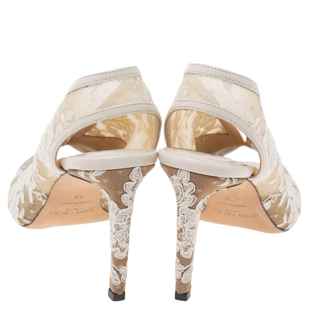 Pre Owned Jimmy Choo White Lace and Leather  Shar Slingback Sandals Size 39