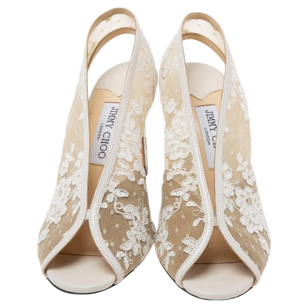 Pre Owned Jimmy Choo White Lace and Leather  Shar Slingback Sandals Size 39