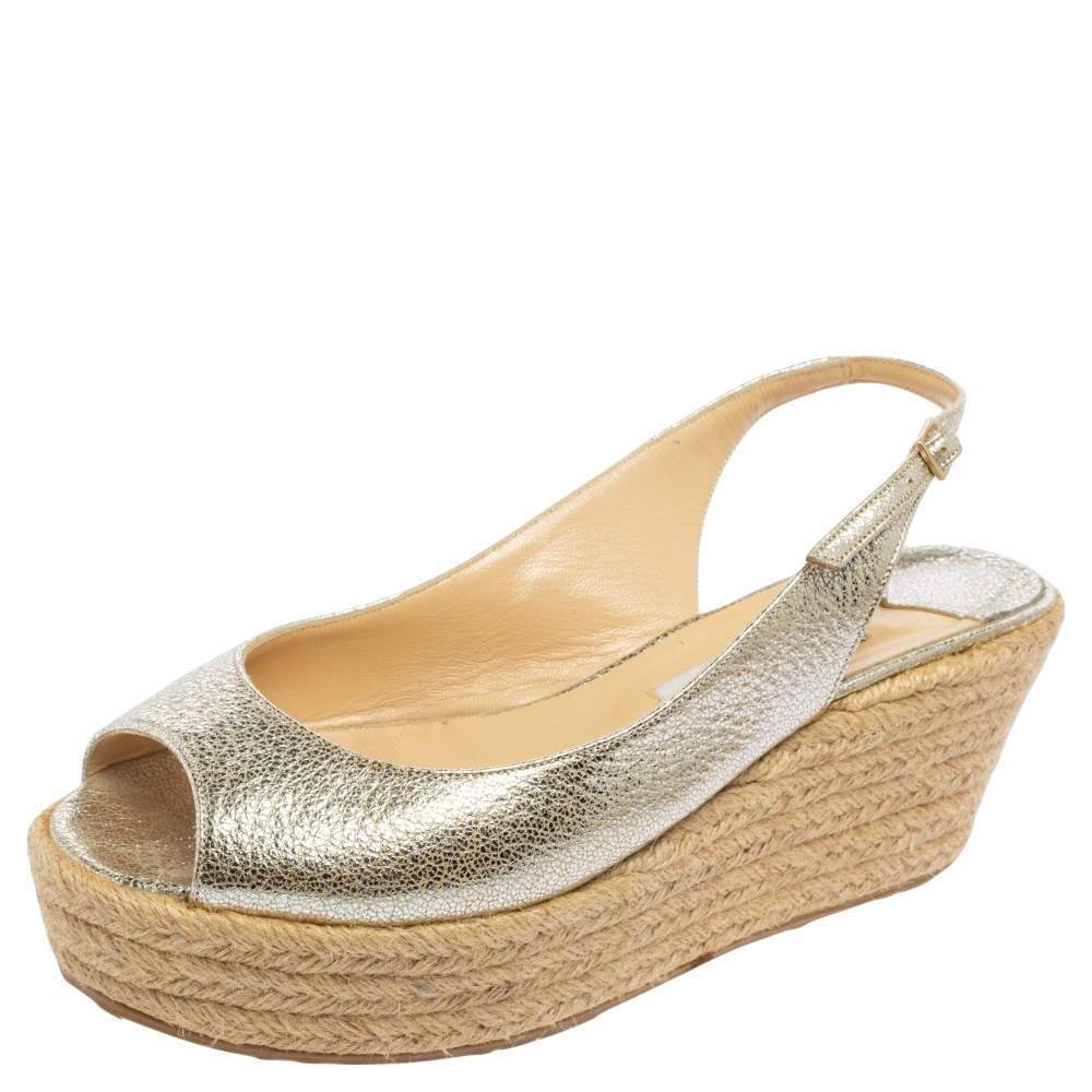 Pre Owned Jimmy Choo Silver Leather Cork Wedge Sandals Size 40