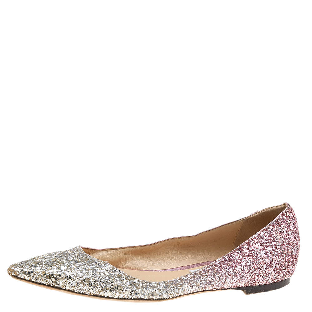 مملوكة مسبقًا Jimmy Choo Metallic Silver/Pink Glitter Romy Pointed Toe Ballet Flats Size 40.5
