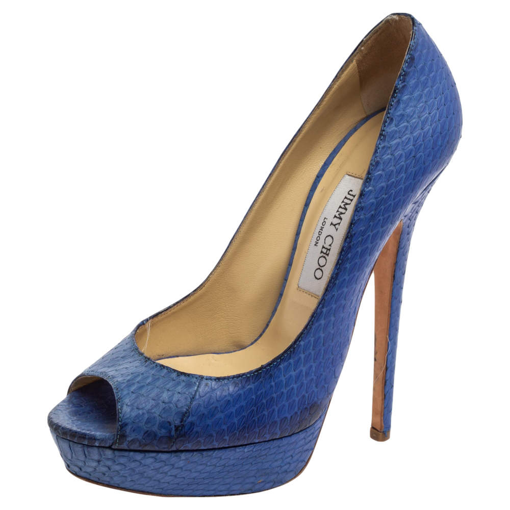 Jimmy Choo Blue Python Embossed Leather Peep Toe Platform Pumps Size 39