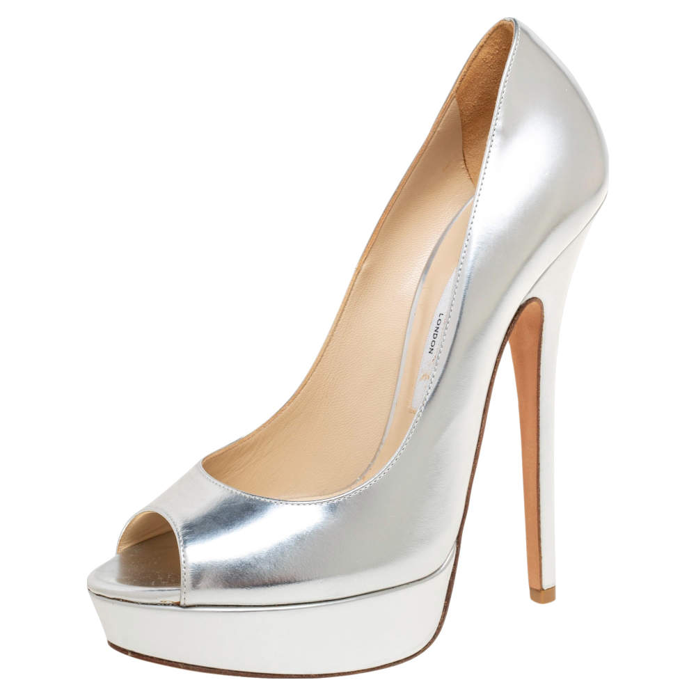 Pre Owned Jimmy Choo Silver Leather Dahlia Platform Pumps Size 39