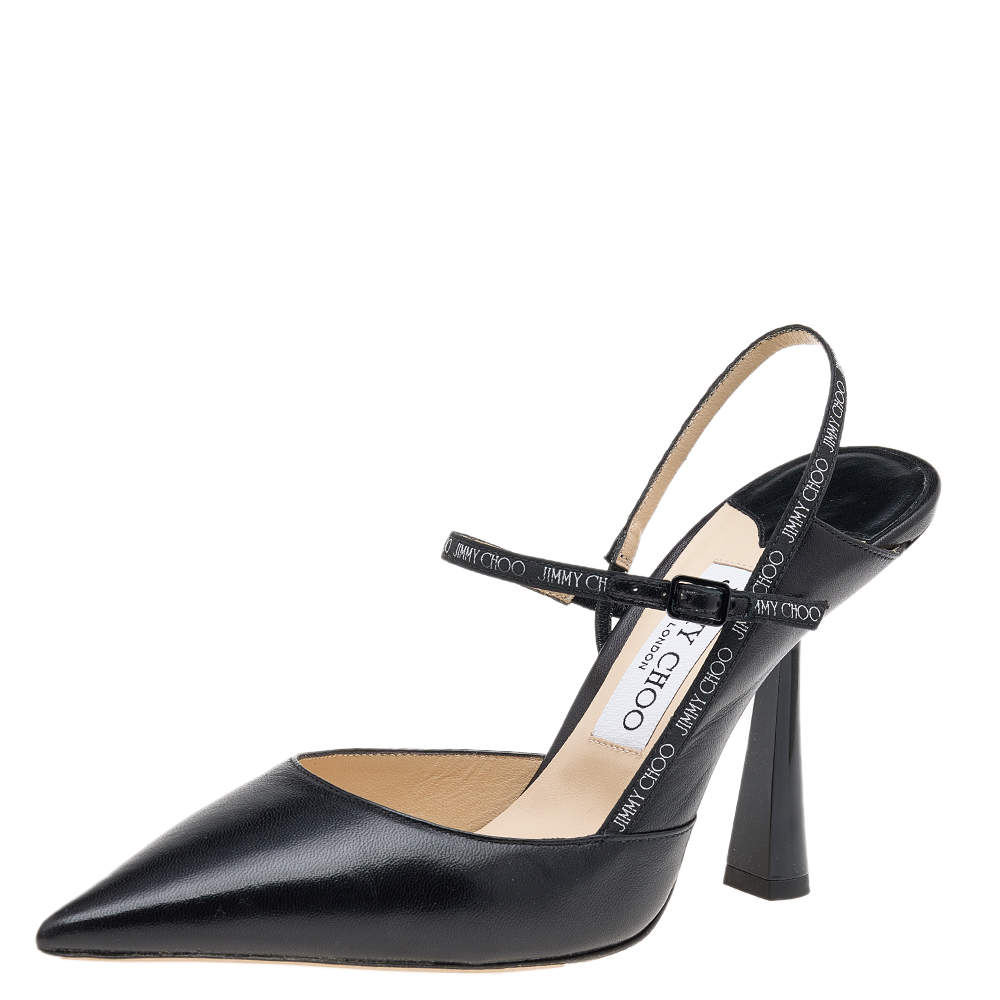 Pre Owned Jimmy Choo Black Leather Ray Pointed Toe Slingback Sandals Size 38