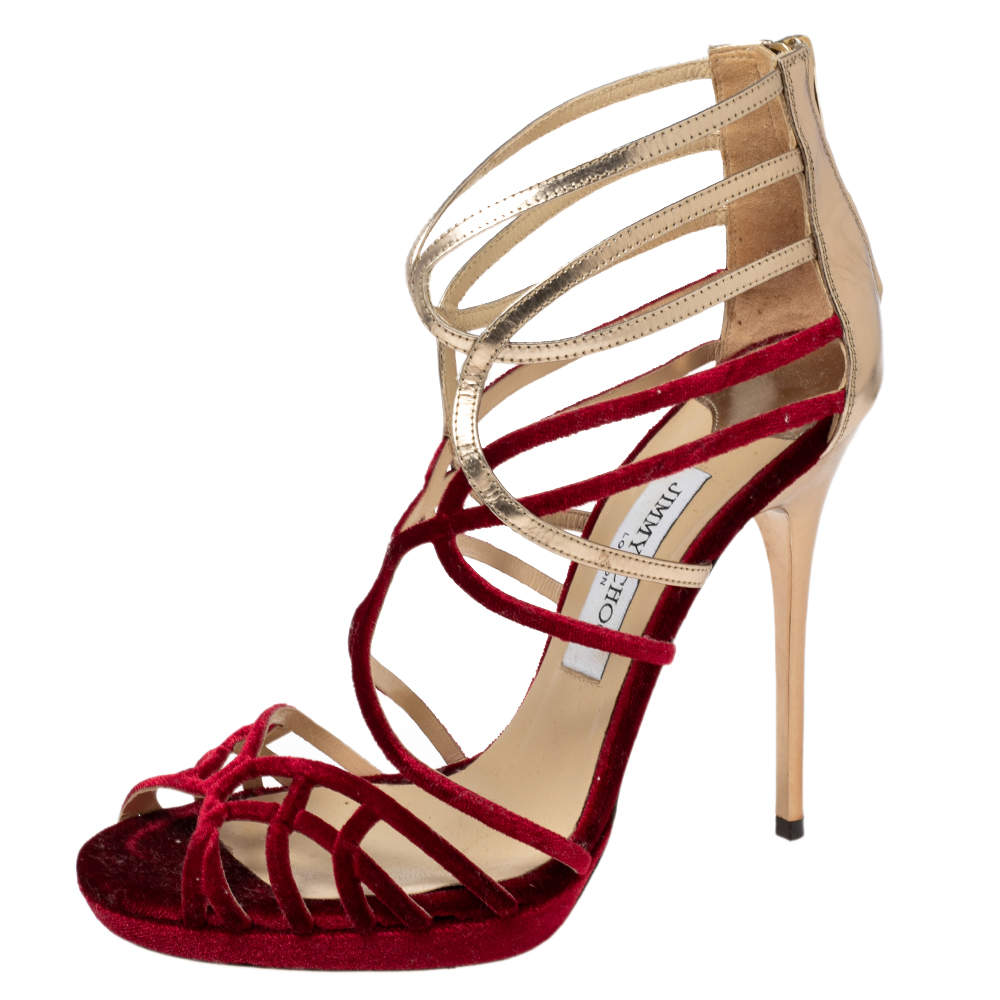 Pre Owned Jimmy Choo Burgundy/Gold Velvet and Leather Maury Strappy Sandals Size 39