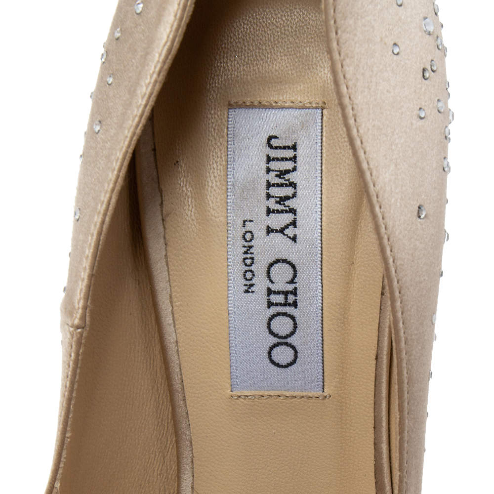 Pre Owned Jimmy Choo Beige Crystal Embellished Satin Peep-Toe Platform Pumps Size 39 