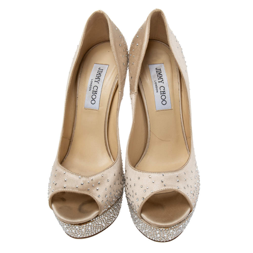 Pre Owned Jimmy Choo Beige Crystal Embellished Satin Peep-Toe Platform Pumps Size 39 