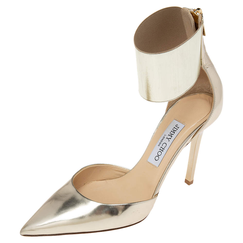 Pre Owned حذاء كعب عالي جيمي تشو ملتف حول الكاحل جلد ذهبي مقاس 38.5 