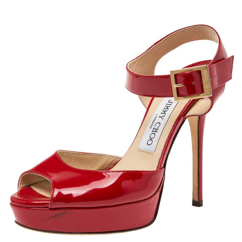 Pre Owned Jimmy Choo Red Patent Leather Peep-Toe Platform Ankle-Strap Sandals Size 37