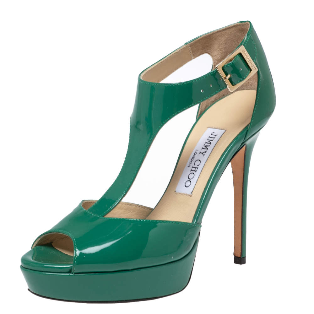 Pre Owned Jimmy Choo Green Patent Leather T-Bar Platform Sandals Size 36