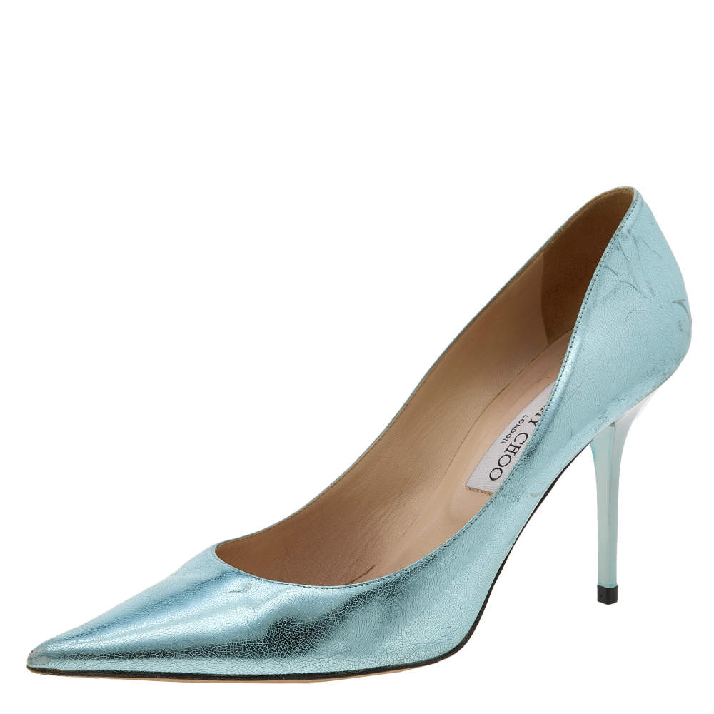 مملوكة مسبقًا Jimmy Choo Light Blue Texture Foil Leather Pointed Toe Pumps Size 41