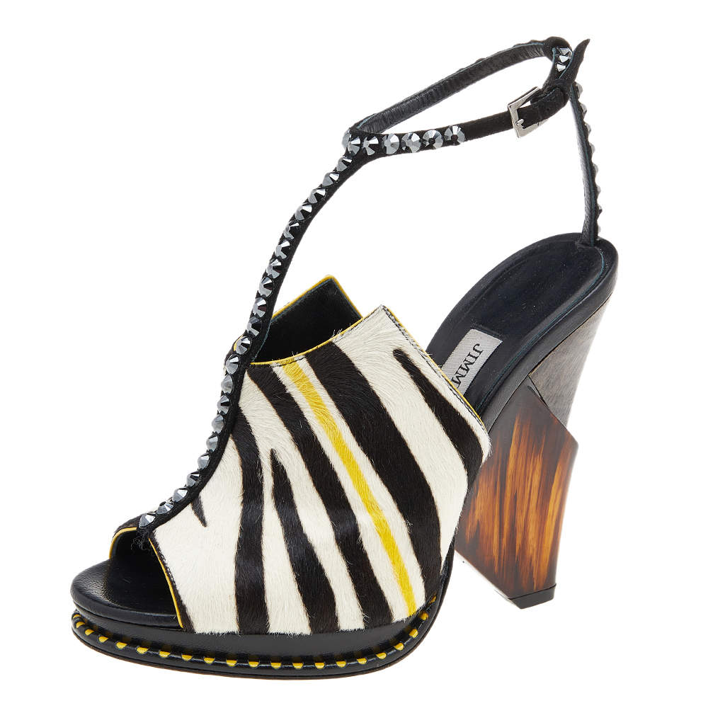 Pre Owned Jimmy Choo Multicolor Calf Hair Crystal Embellished Kascade T-Strap Wedge Sandals Size 36