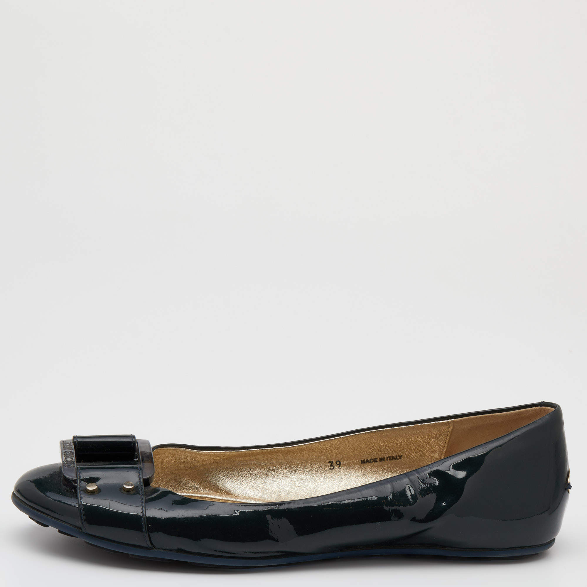 Pre Owned Jimmy Choo Dark Green Patent Leather Morse Buckle Ballet Flats Size 39