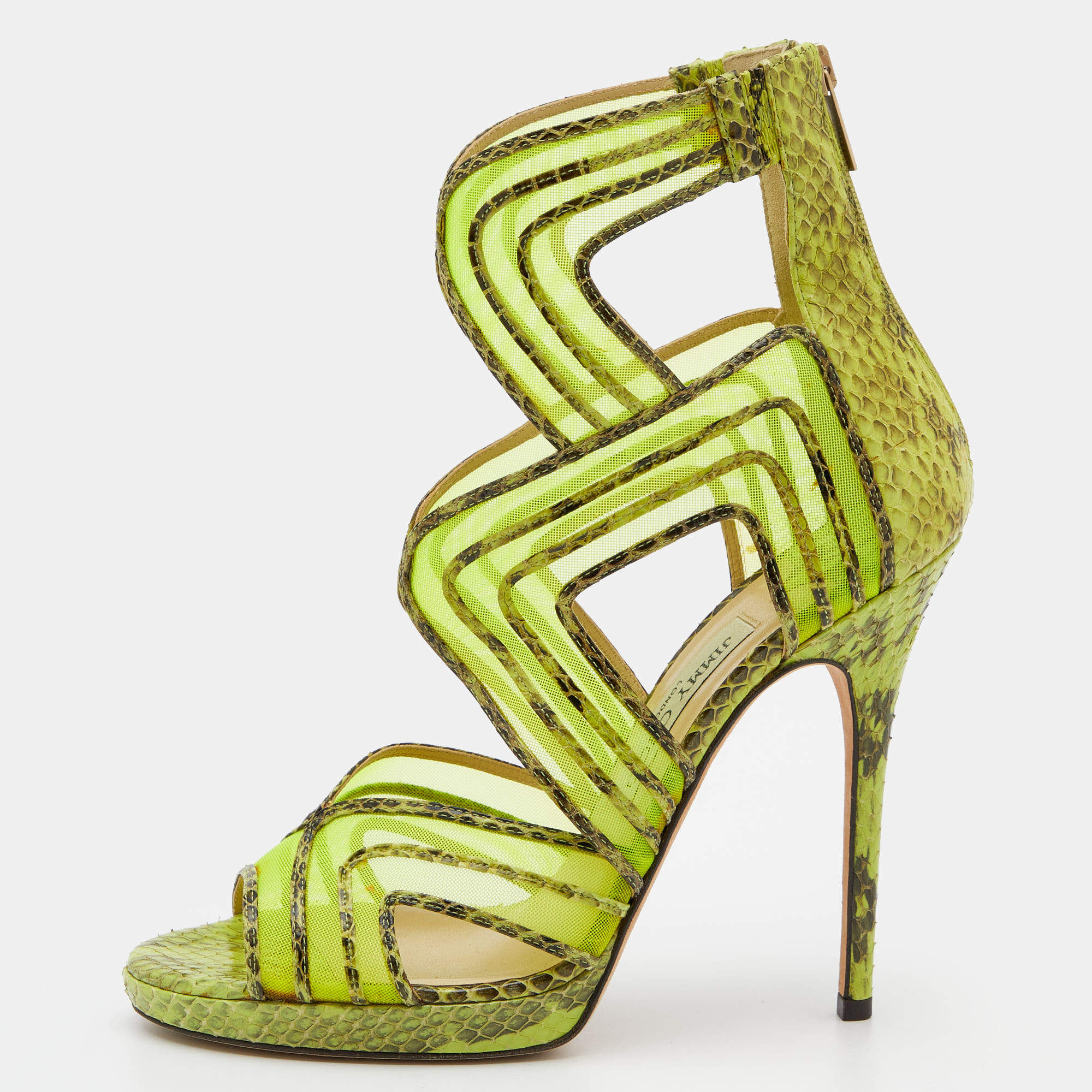 مملوكة مسبقًا صندل جيمي تشو ماغنوم قصة مفرغة شبك وجلد ثعبان أخضر نيون مقاس 39