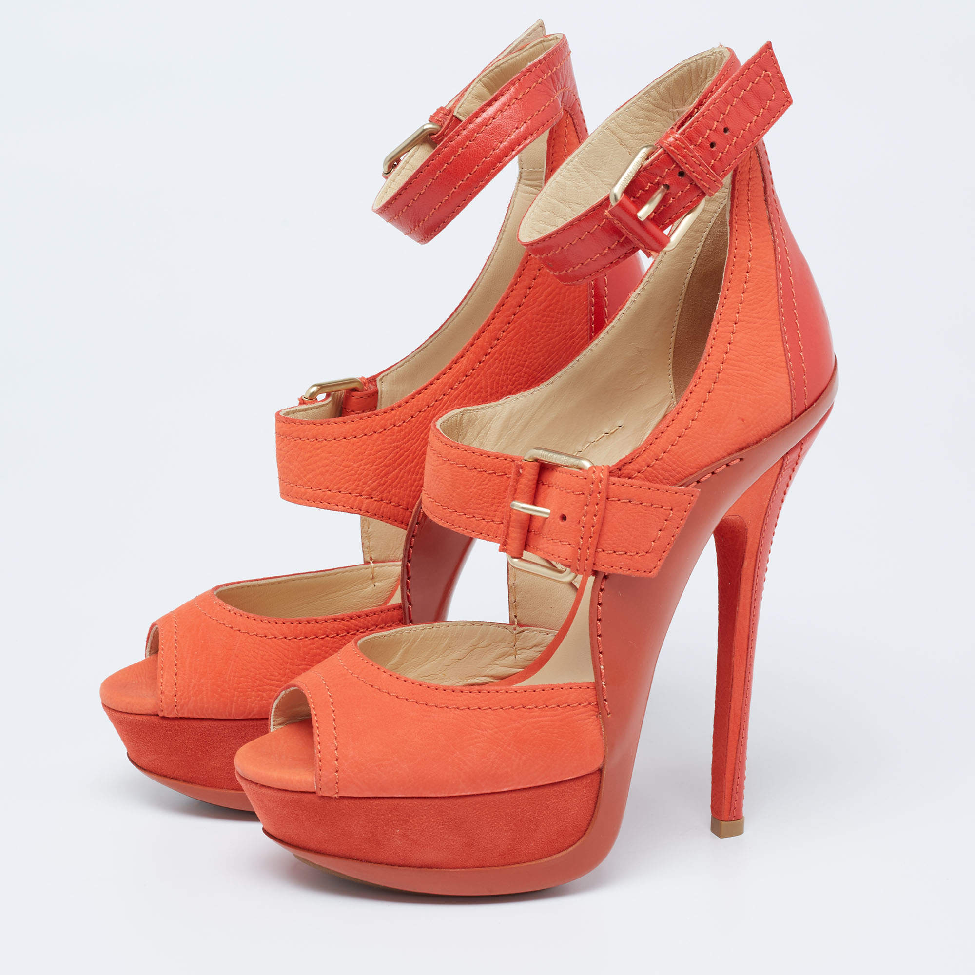 Jimmy Choo Orange Leather And Nubuck Platform Peep Toe