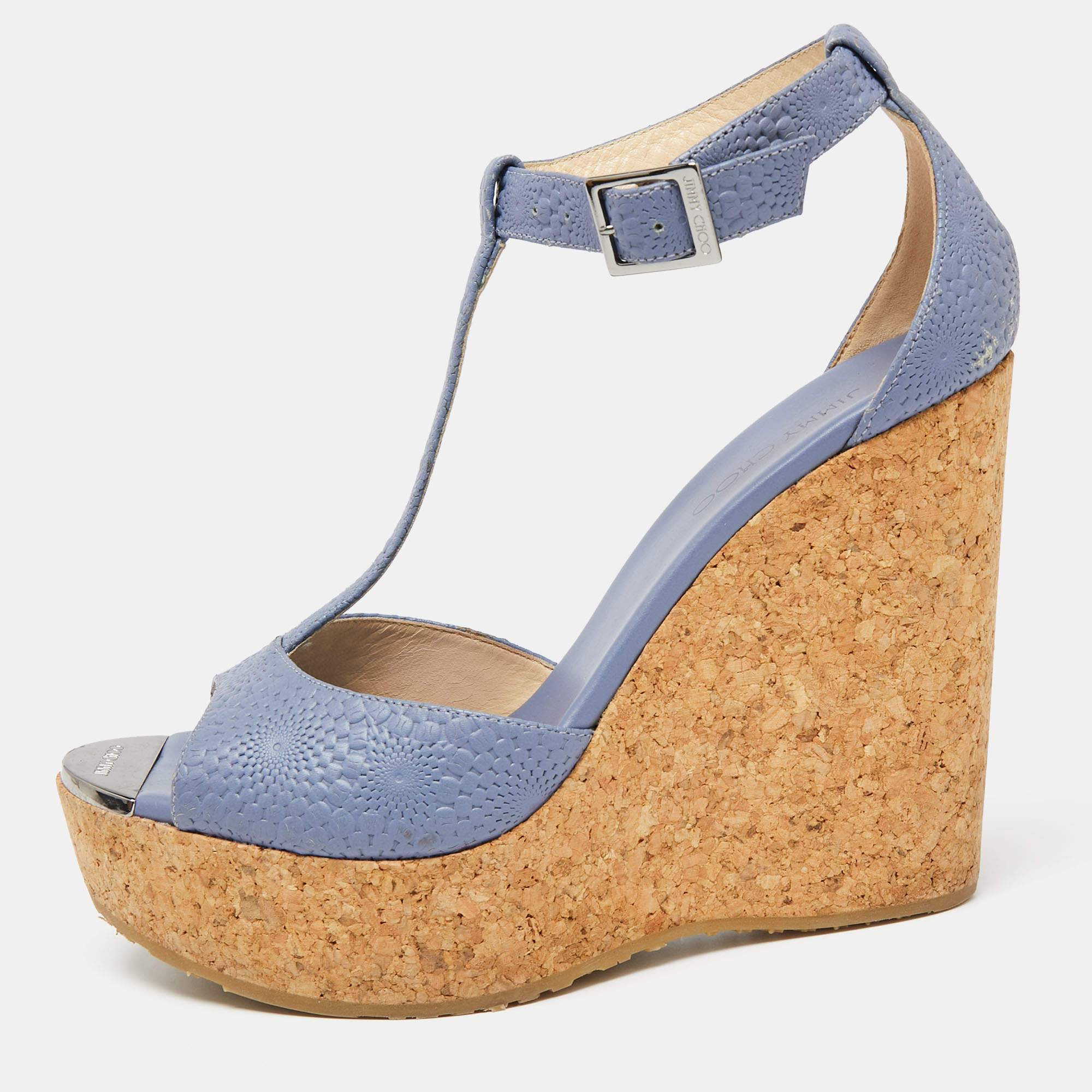 Jimmy Choo Blue Leather Cork Wedge Platform Slingback Sandals Size 38.5
