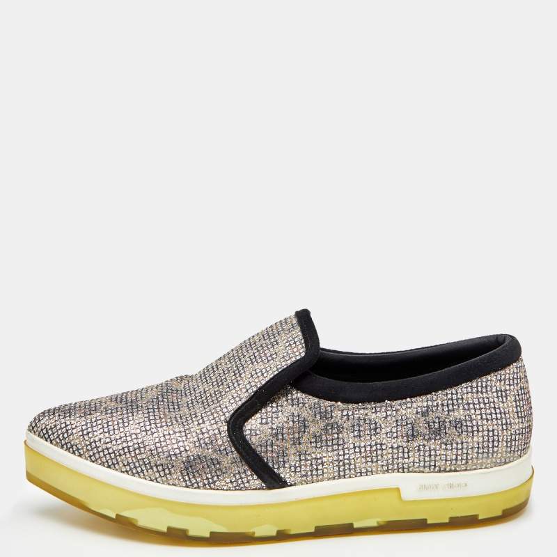 Pre Owned Jimmy Choo Metallic/Black Glitters and Suede Smoking Slippers Size 37.5