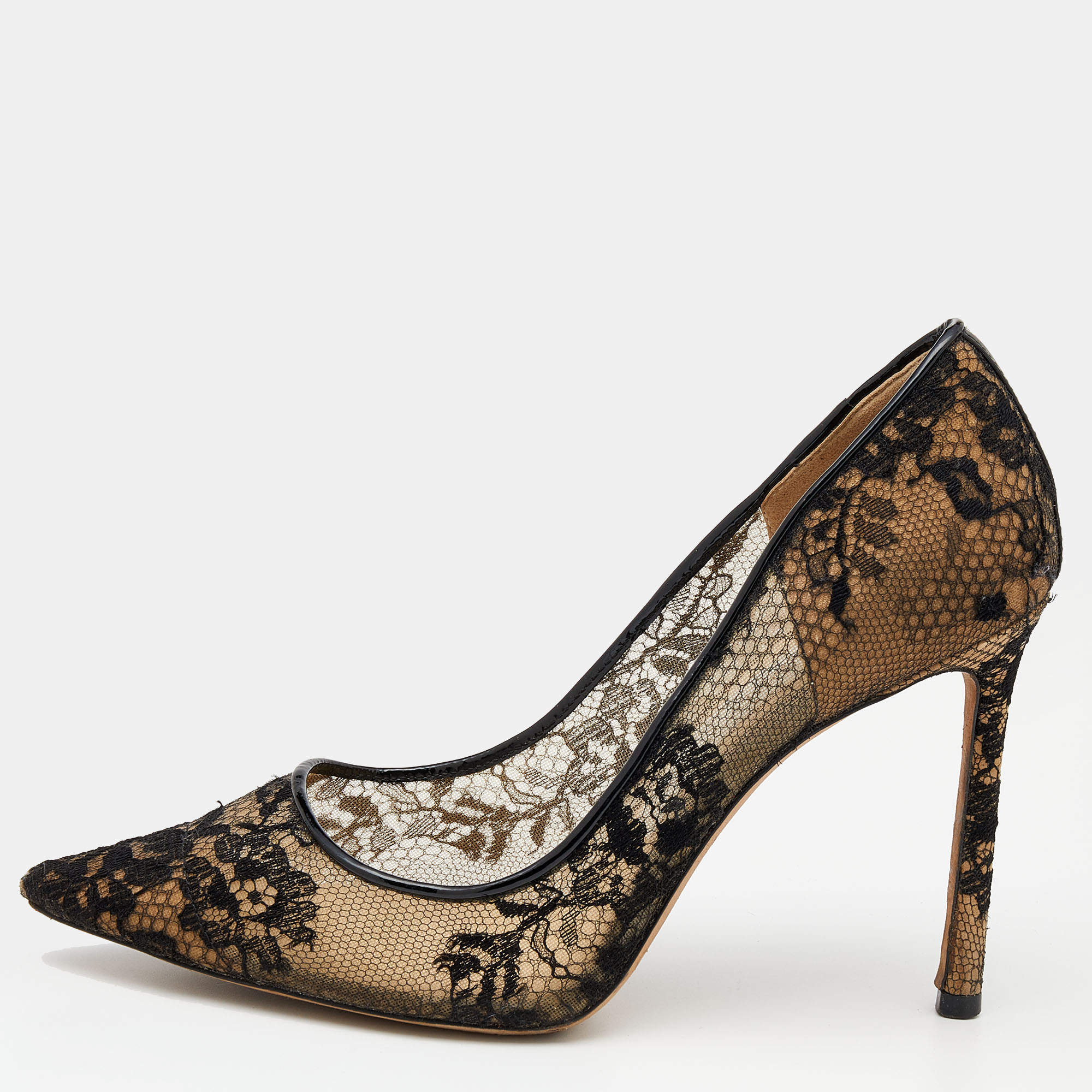 Pre Owned Jimmy Choo Black Coarse Lace And Patent Leather Pointed Toe Pumps Size 36