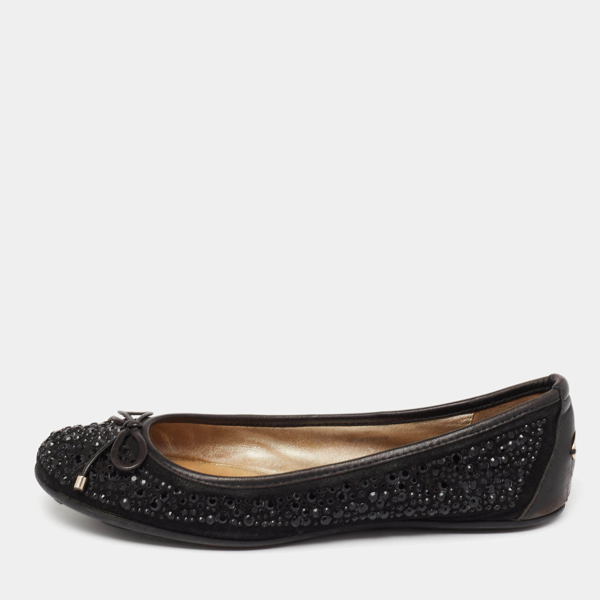 Pre Owned Jimmy Choo Black Crystal Embellished Suede and Leather Weber Ballet Flats Size 35
