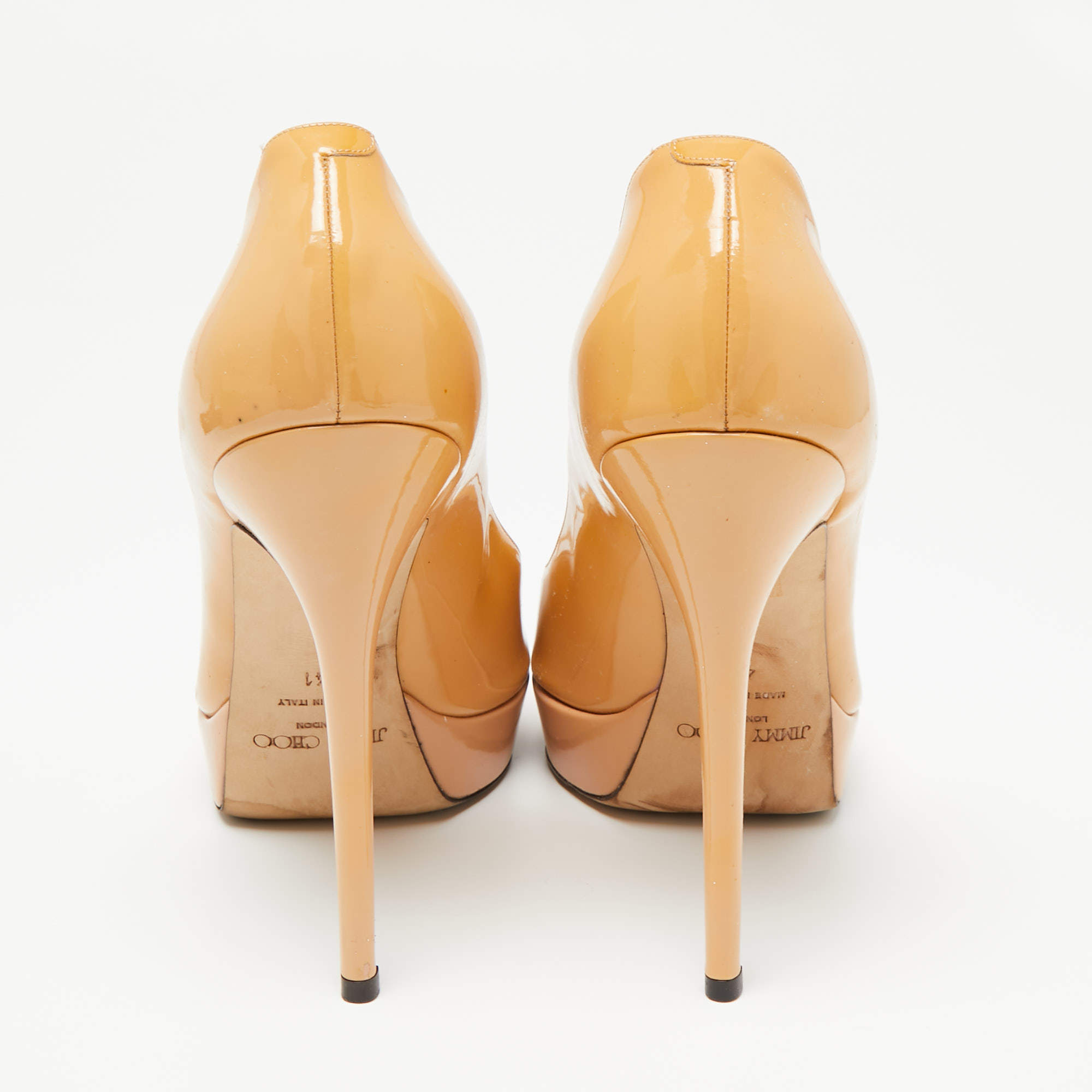 Pre Owned Jimmy Choo Beige Patent Leather Crown Peep-Toe Platform Pumps Size 41