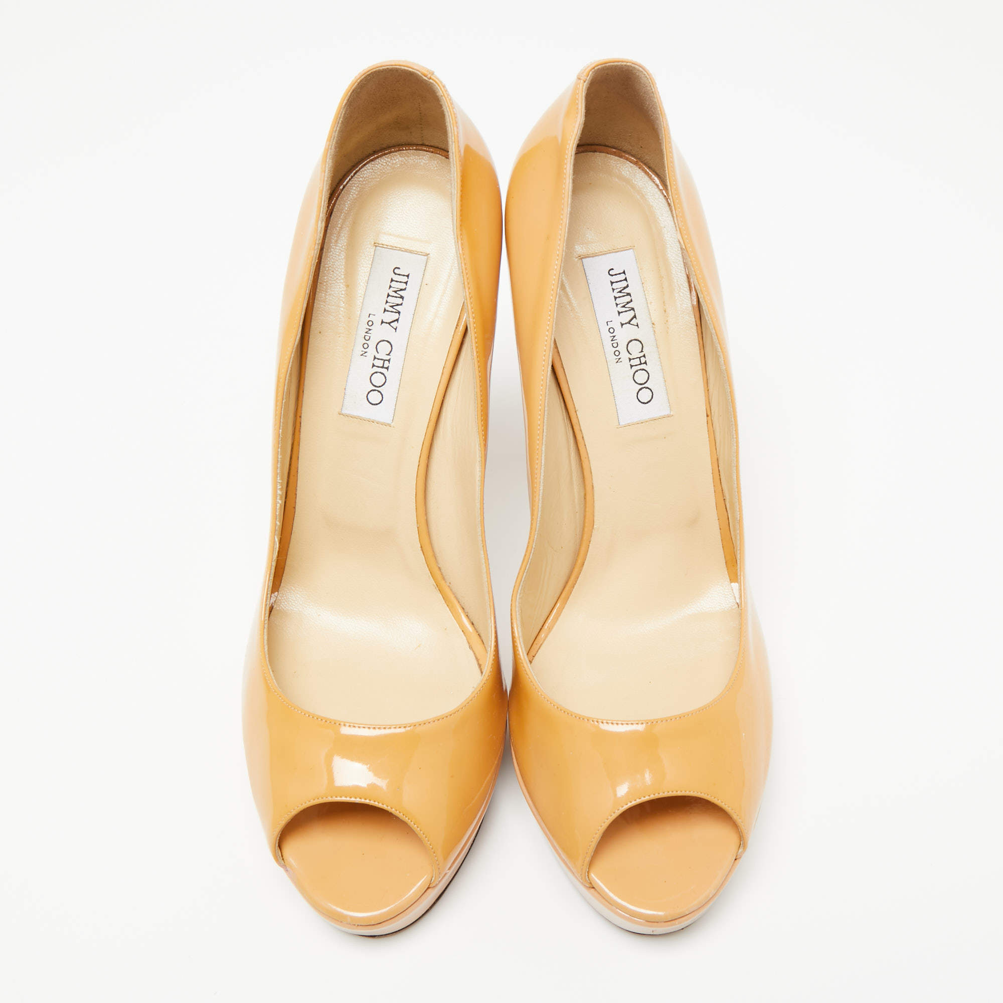 Pre Owned Jimmy Choo Beige Patent Leather Crown Peep-Toe Platform Pumps Size 41