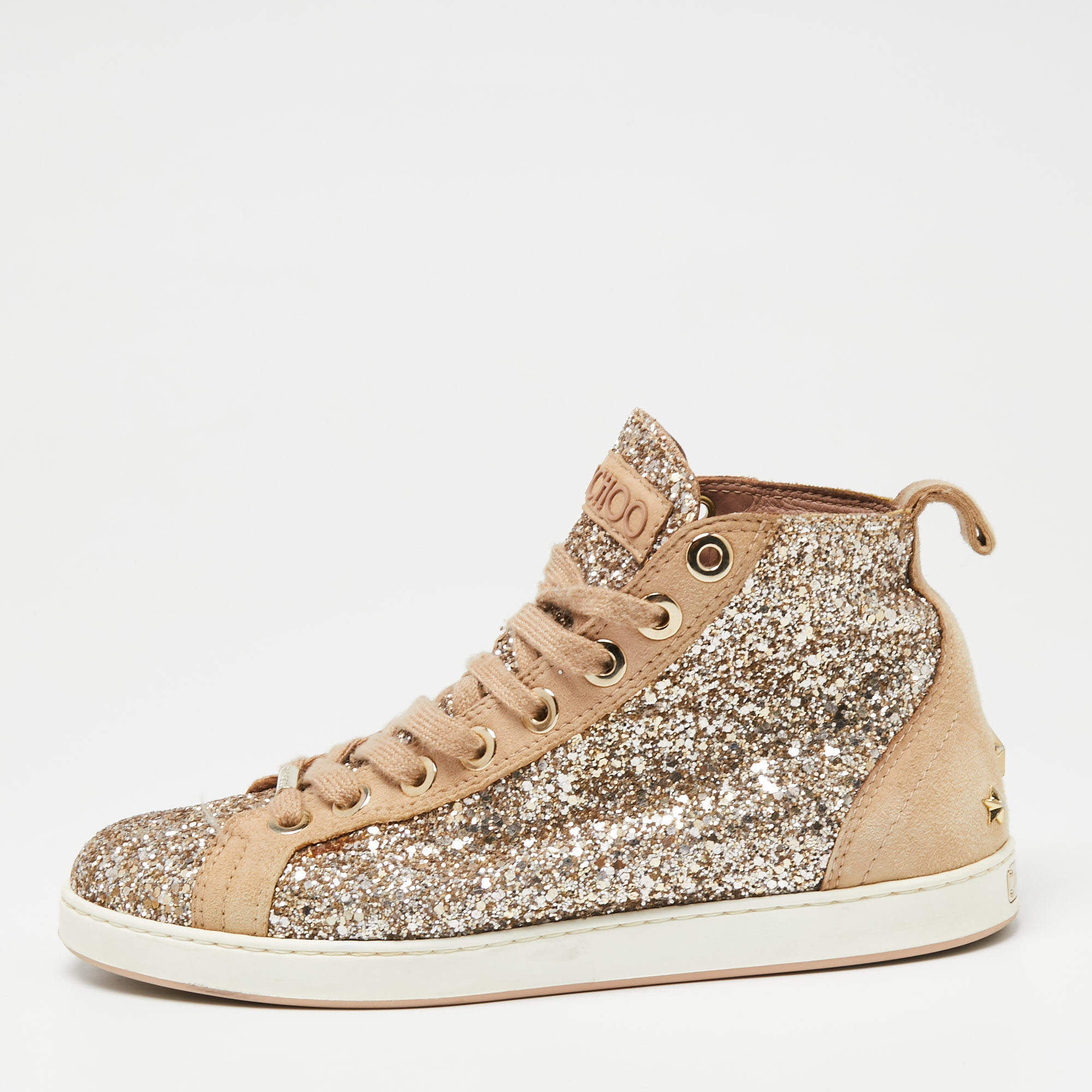 Pre Owned Jimmy Choo Gold/Beige Coarse Glitter and Suede Cash High-Top Sneakers Size 38