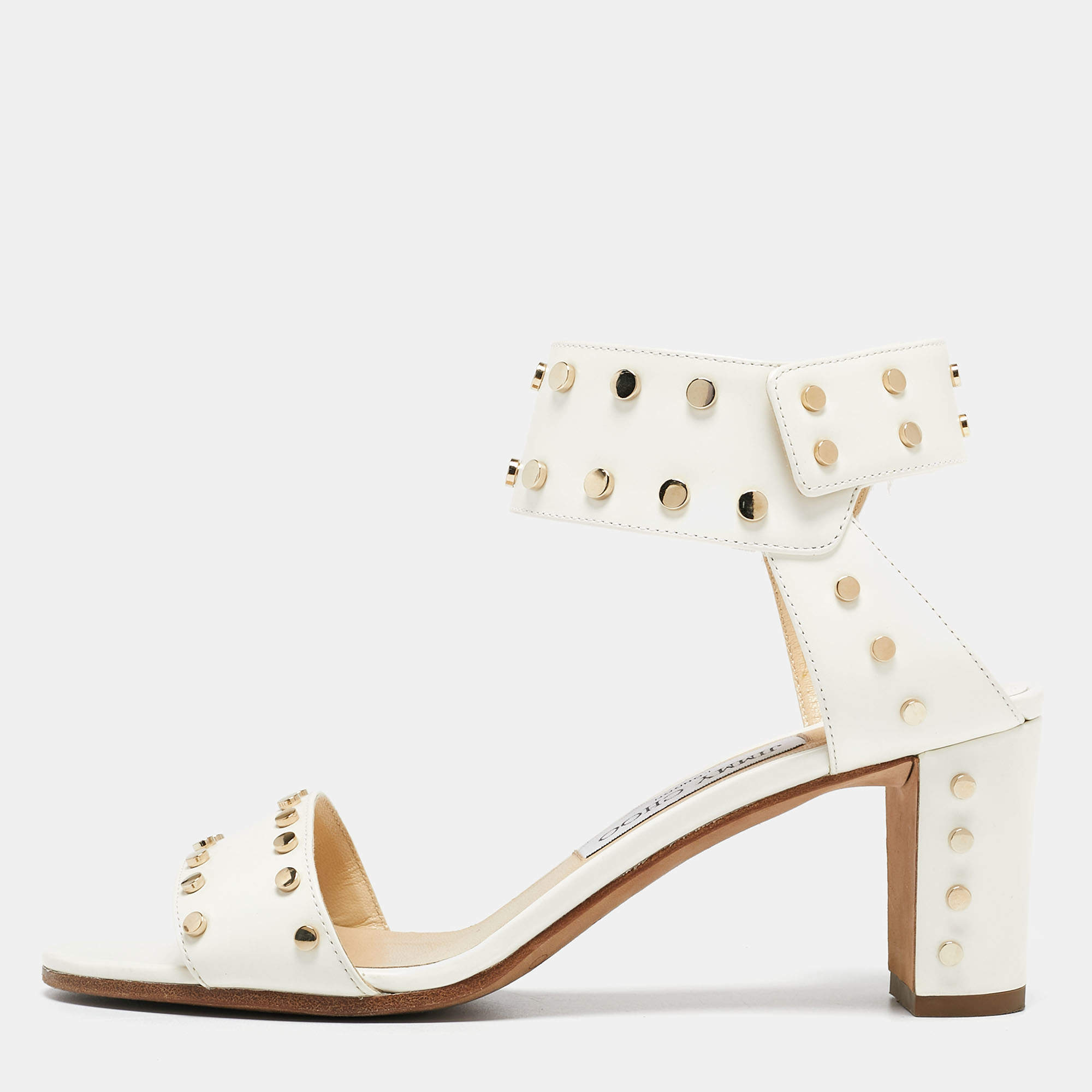 مملوكة مسبقًا Jimmy Choo Cream Leather Studded Open Toe Ankle Strap Sandals Size 37.5