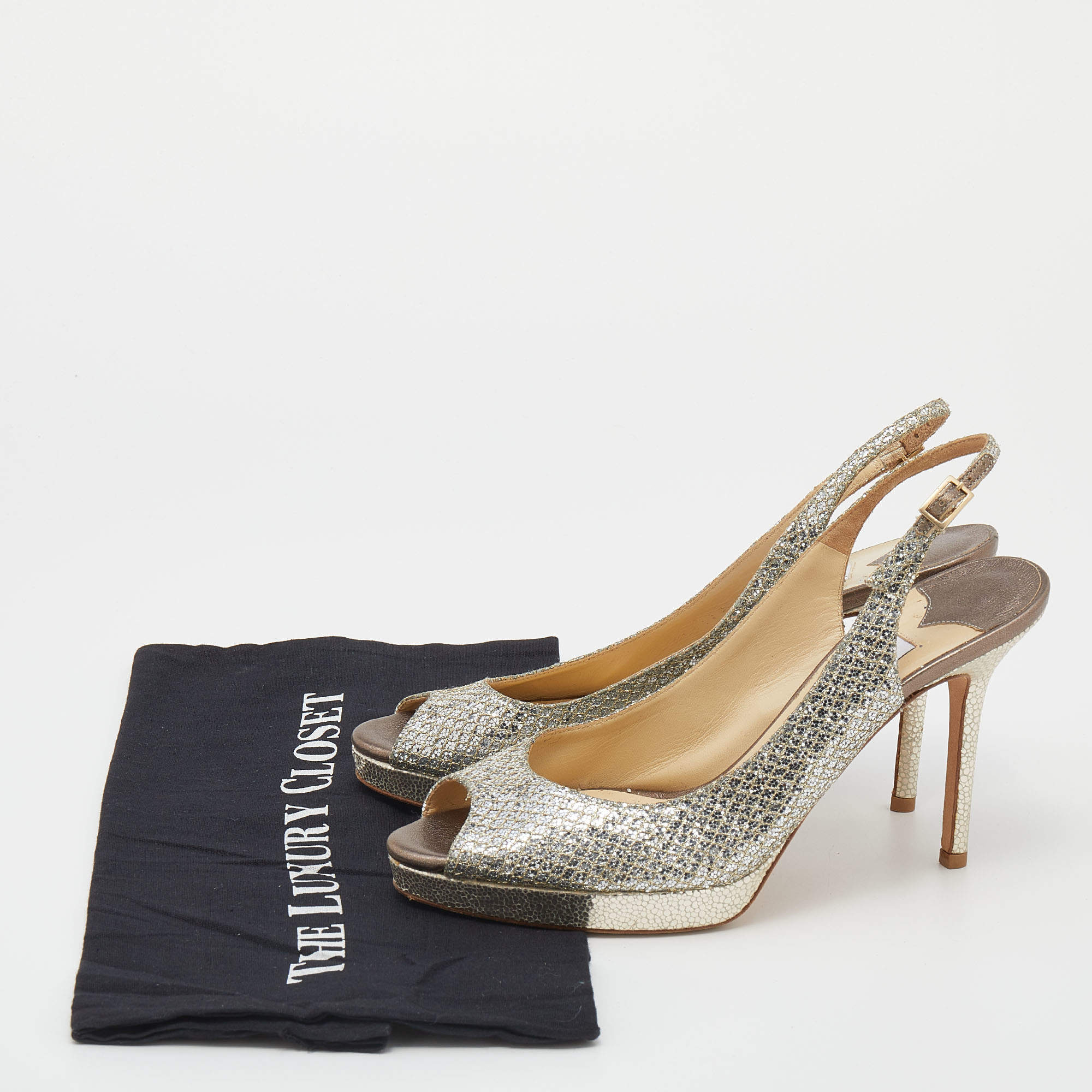 Pre Owned Jimmy Choo Gold Glitter And Lurex Fabric Nova Peep Toe Slingback Sandals Size 38.5