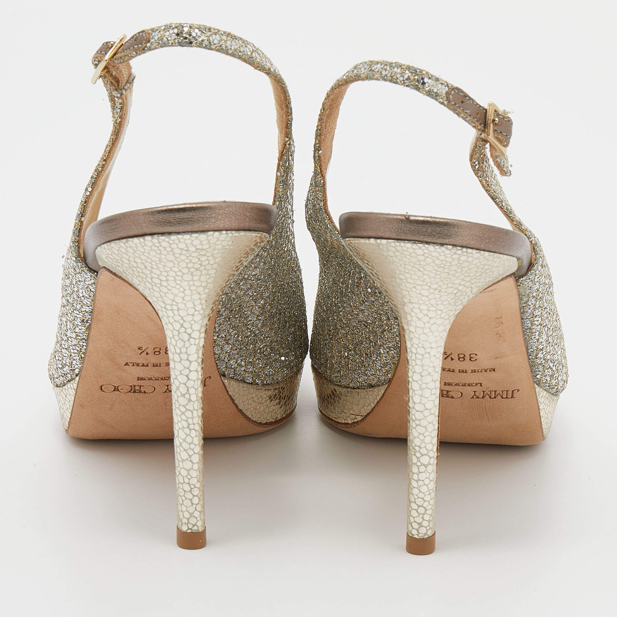 Pre Owned Jimmy Choo Gold Glitter And Lurex Fabric Nova Peep Toe Slingback Sandals Size 38.5