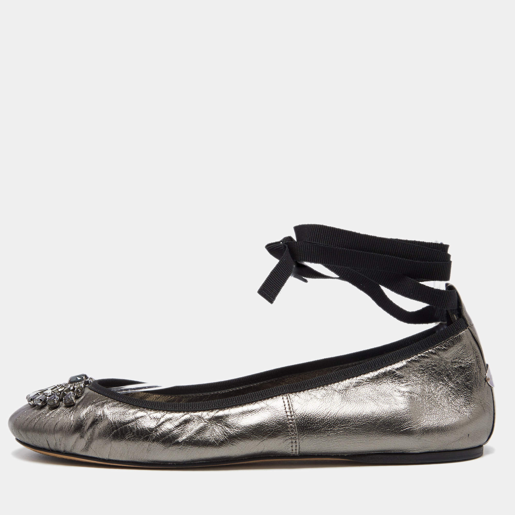Pre Owned Jimmy Choo Metallic Grey Leather Grace Ankle-Wrap Ballet Flats Size 38.5