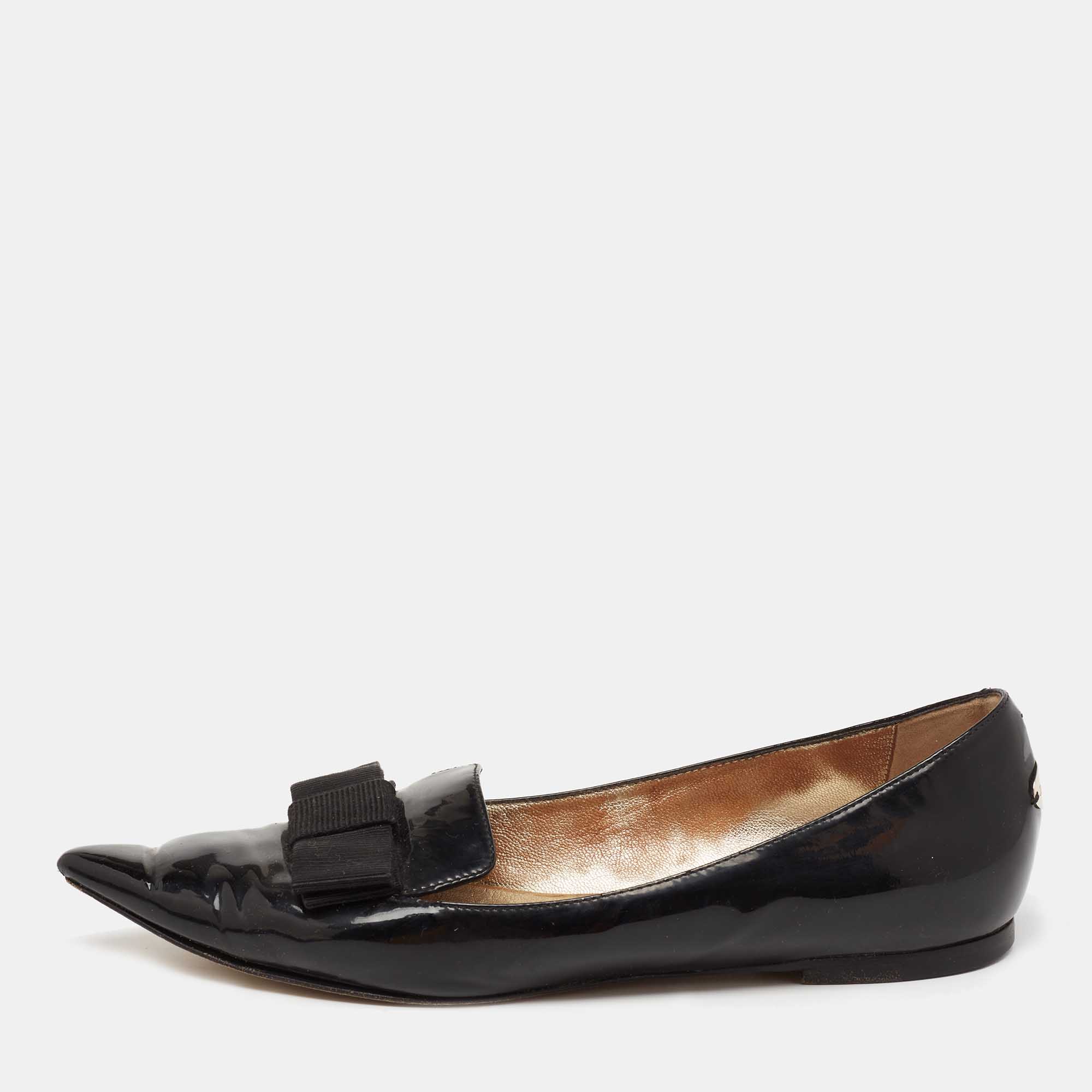 Pre Owned Jimmy Choo Black Patent Leather Gala Bow Ballet Flats Size 37.5