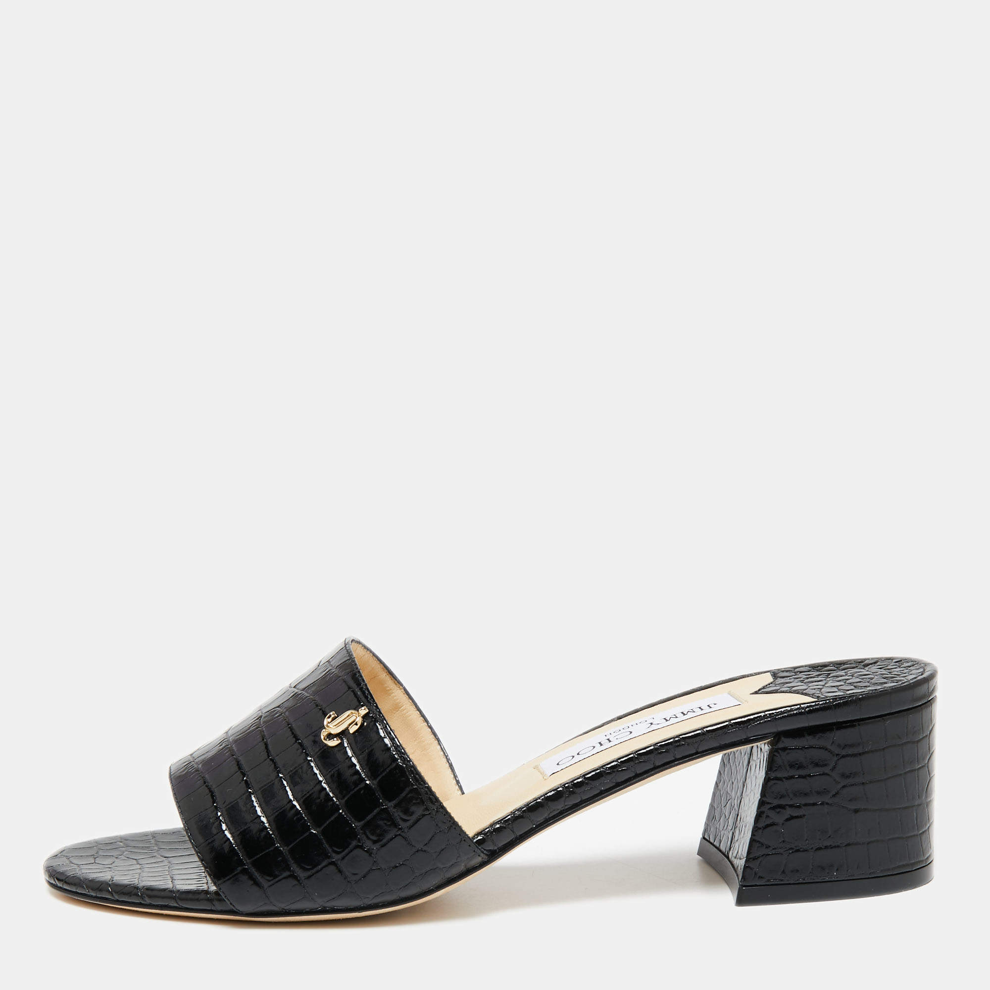 Pre Owned Jimmy Choo Black Croc Embossed Leather Minea Open Toe Sandals Size 39