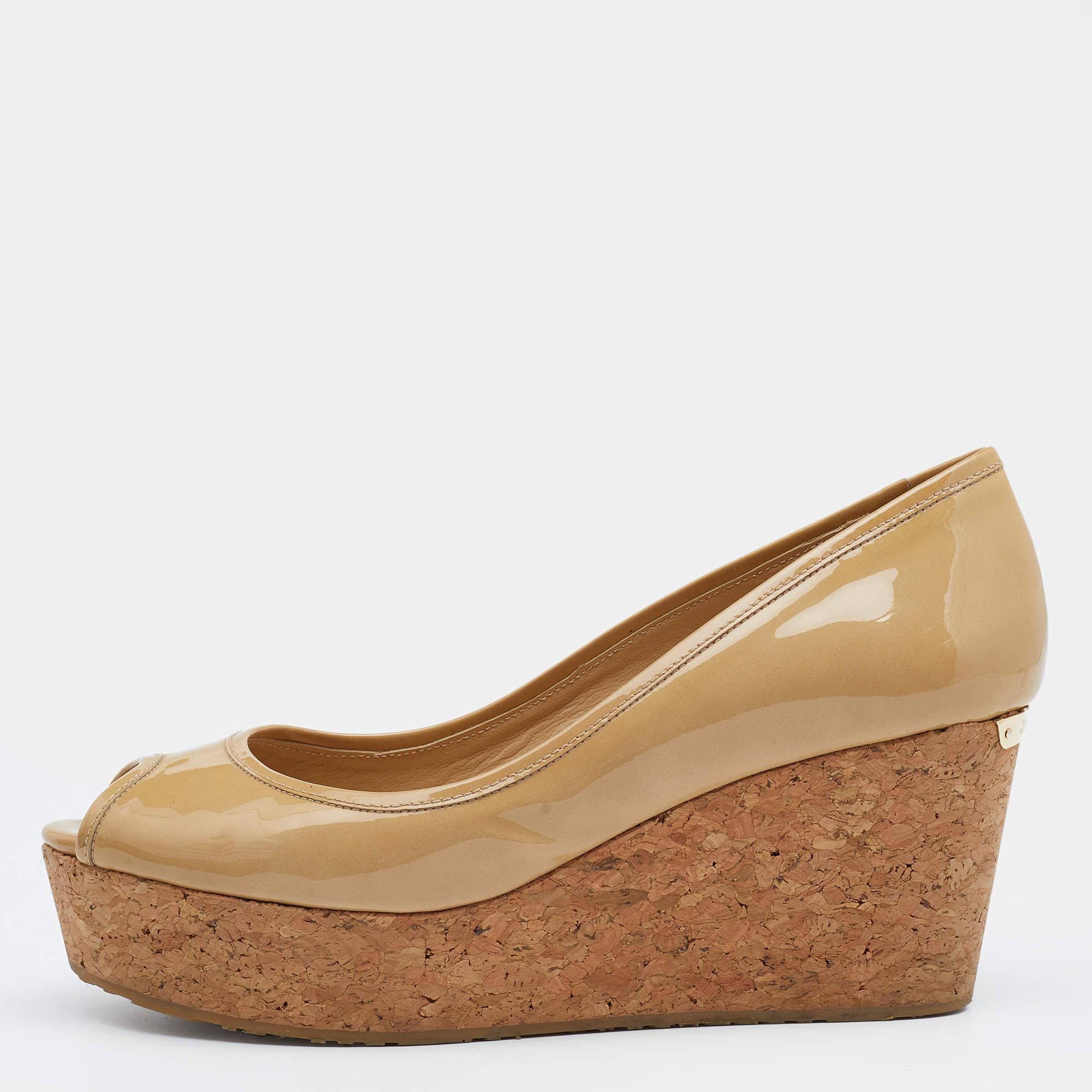 Pre Owned Jimmy Choo Beige Patent Leather Cork Wedge Platform Pumps Size 39