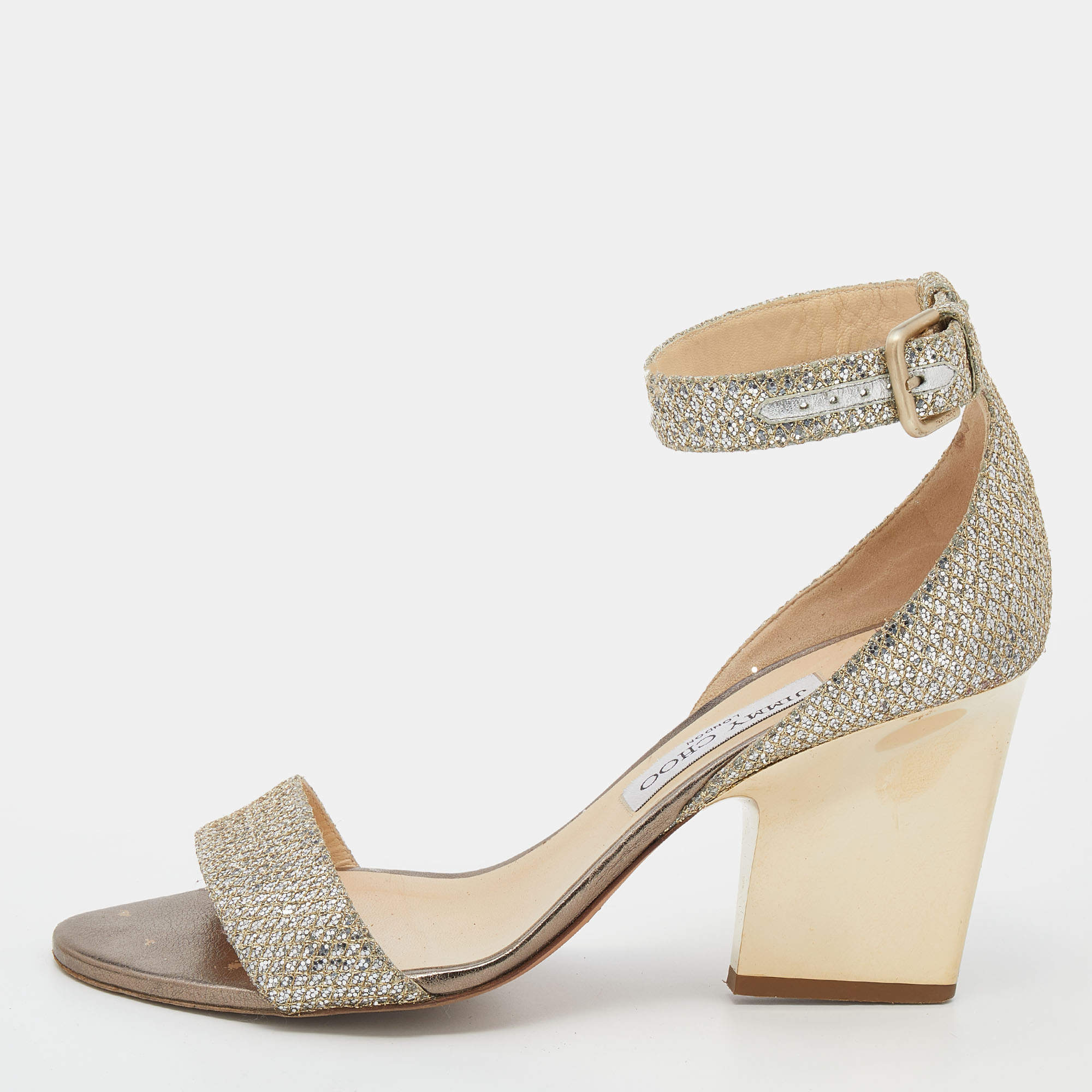 Jimmy Choo Metallic Gold Glitter Ankle Strap Sandals Size 39.5
