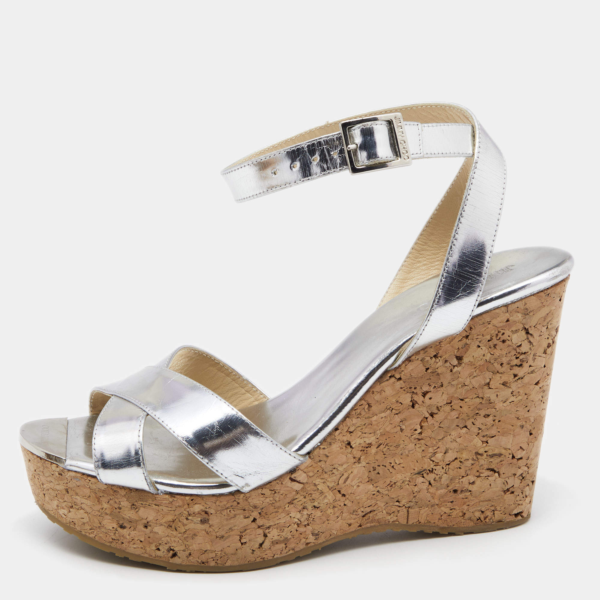 Jimmy Choo Silver Leather Lucia Cross Strap Cork Wedge Platform Sandals Size 40