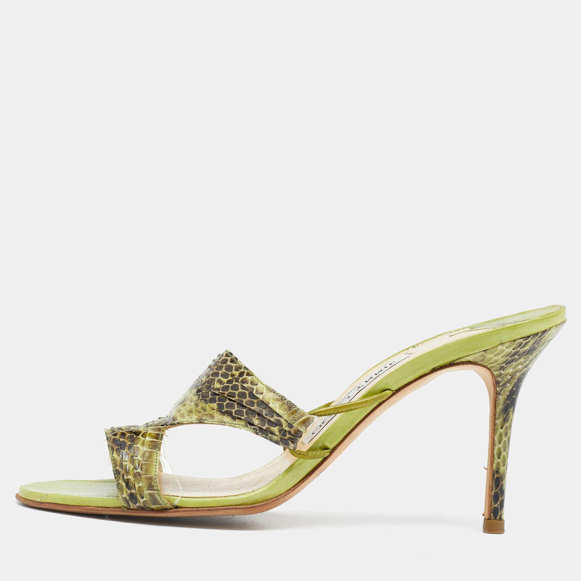 Jimmy Choo Green Snakeskin Leather Slide Sandals Size 38.5