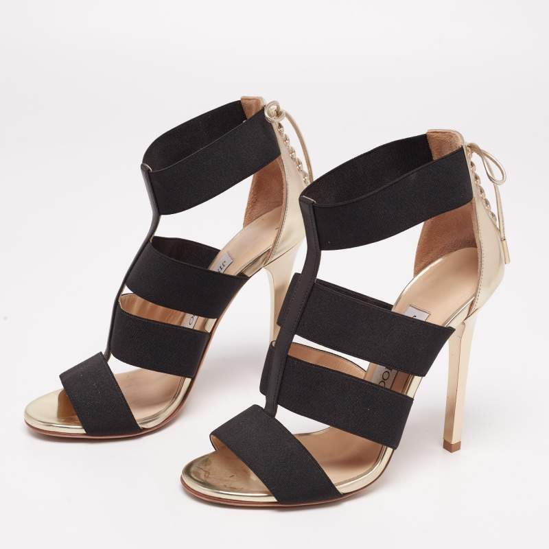 Pre Owned Jimmy Choo Gold/Black Leather And Elastic Cage Sandals Size 36 