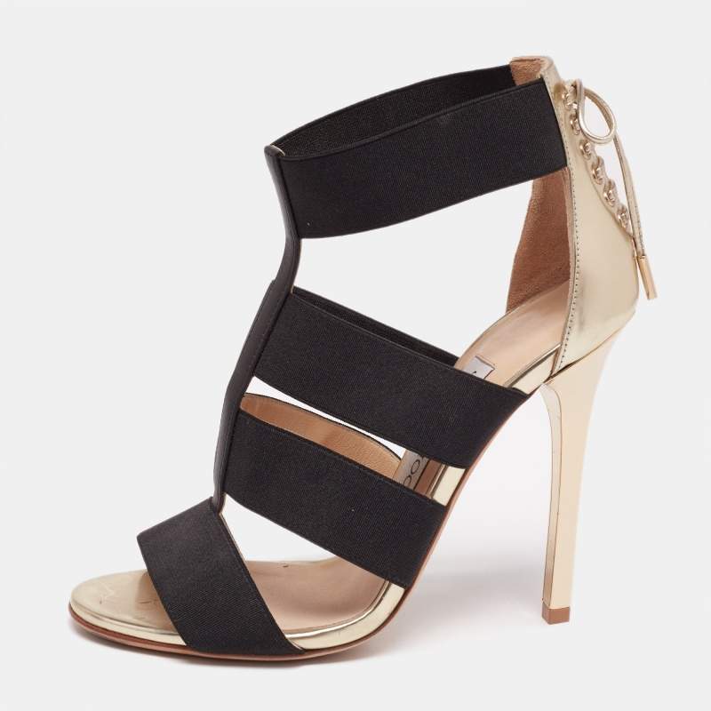 Jimmy Choo Gold/Black Leather And Elastic Cage Sandals Size 36 
