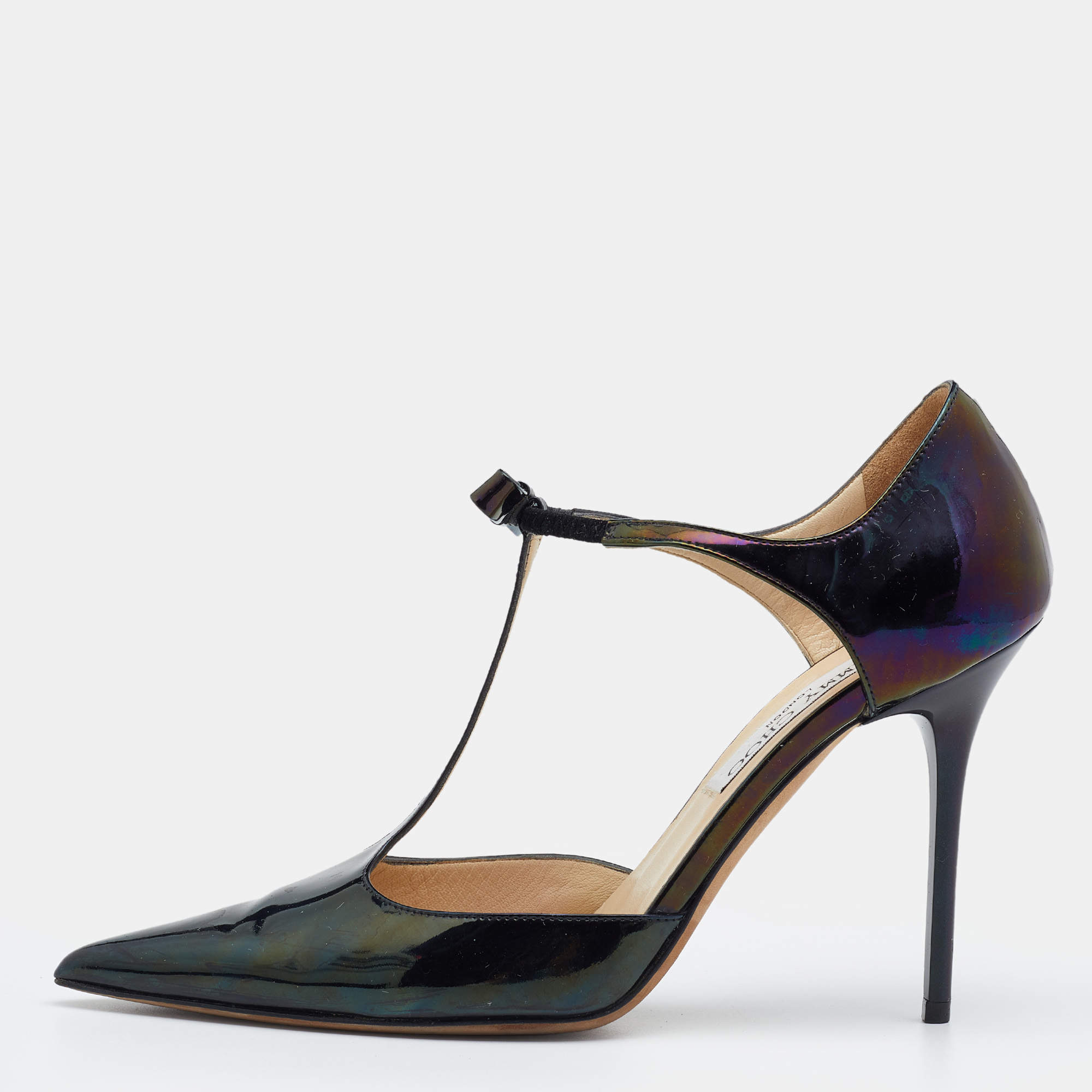 Pre Owned Jimmy Choo Black Patent Leather Bow Talan T-strap Pointed Toe Pumps Size 37