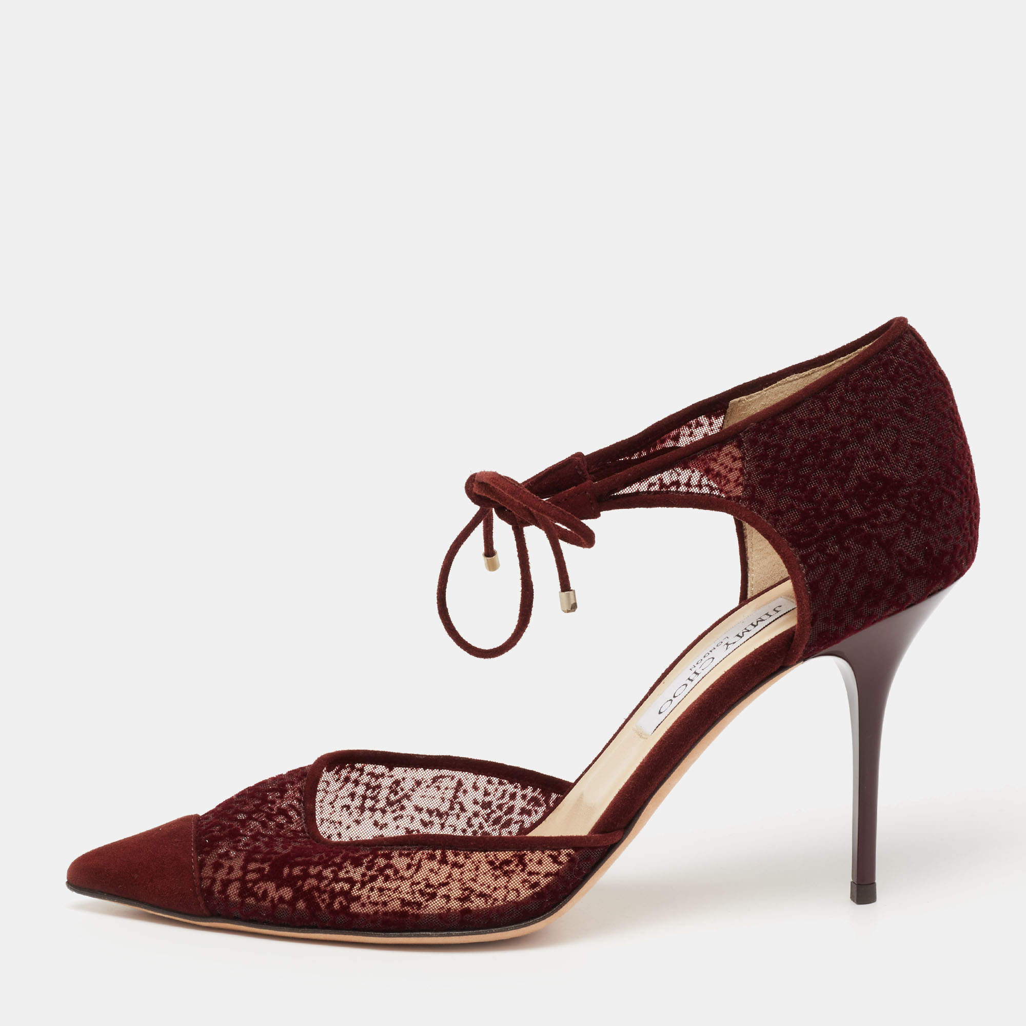 Pre Owned Jimmy Choo Burgundy Velvet, Mesh and Suede Vince Ankle Tie Sandals Size 41