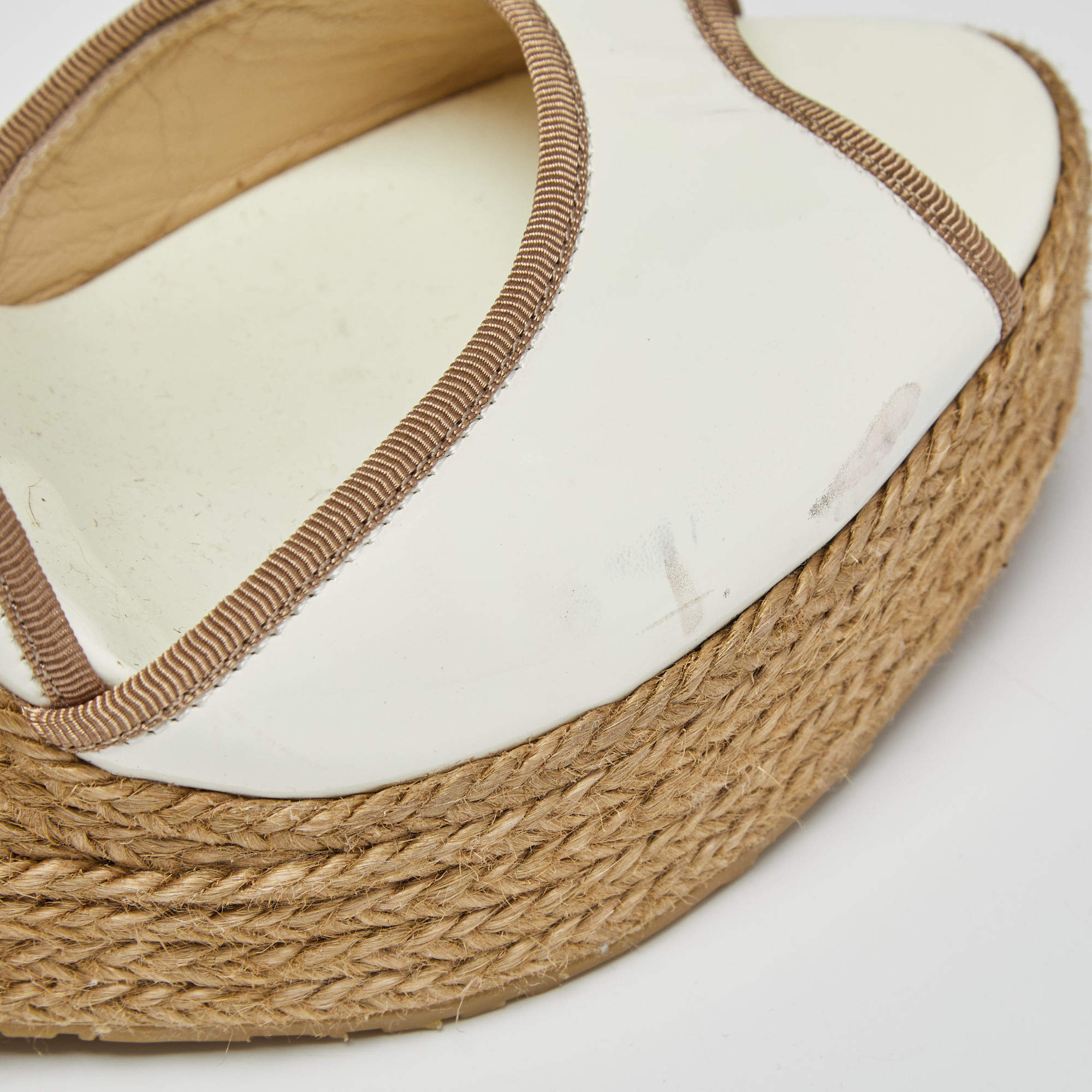 Pre Owned Jimmy Choo White/Brown Patent Leather and Jute Ankle Wrap Wedge Sandals Size 39
